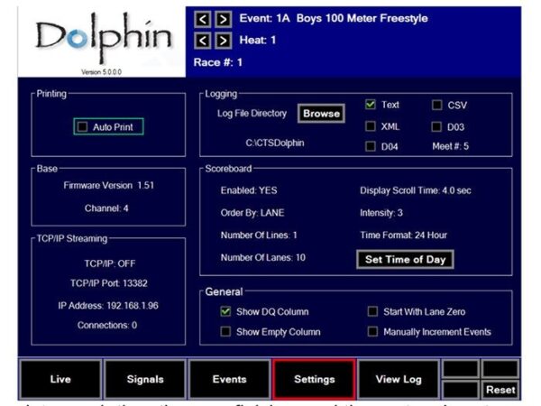 Colorado Dolphin Settings Screen - AquaChem