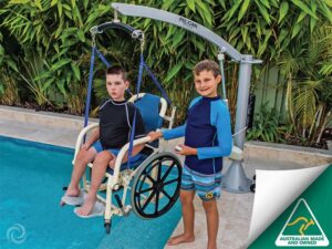 pool accessibilty and disability equipment with 2 boys